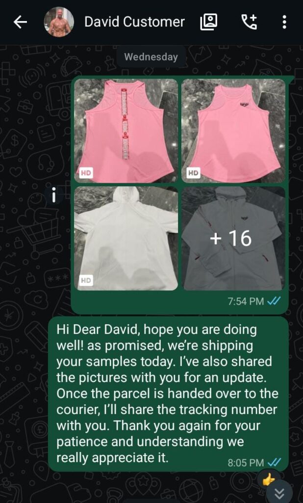 Customer feedback screenshot shared via WhatsApp
